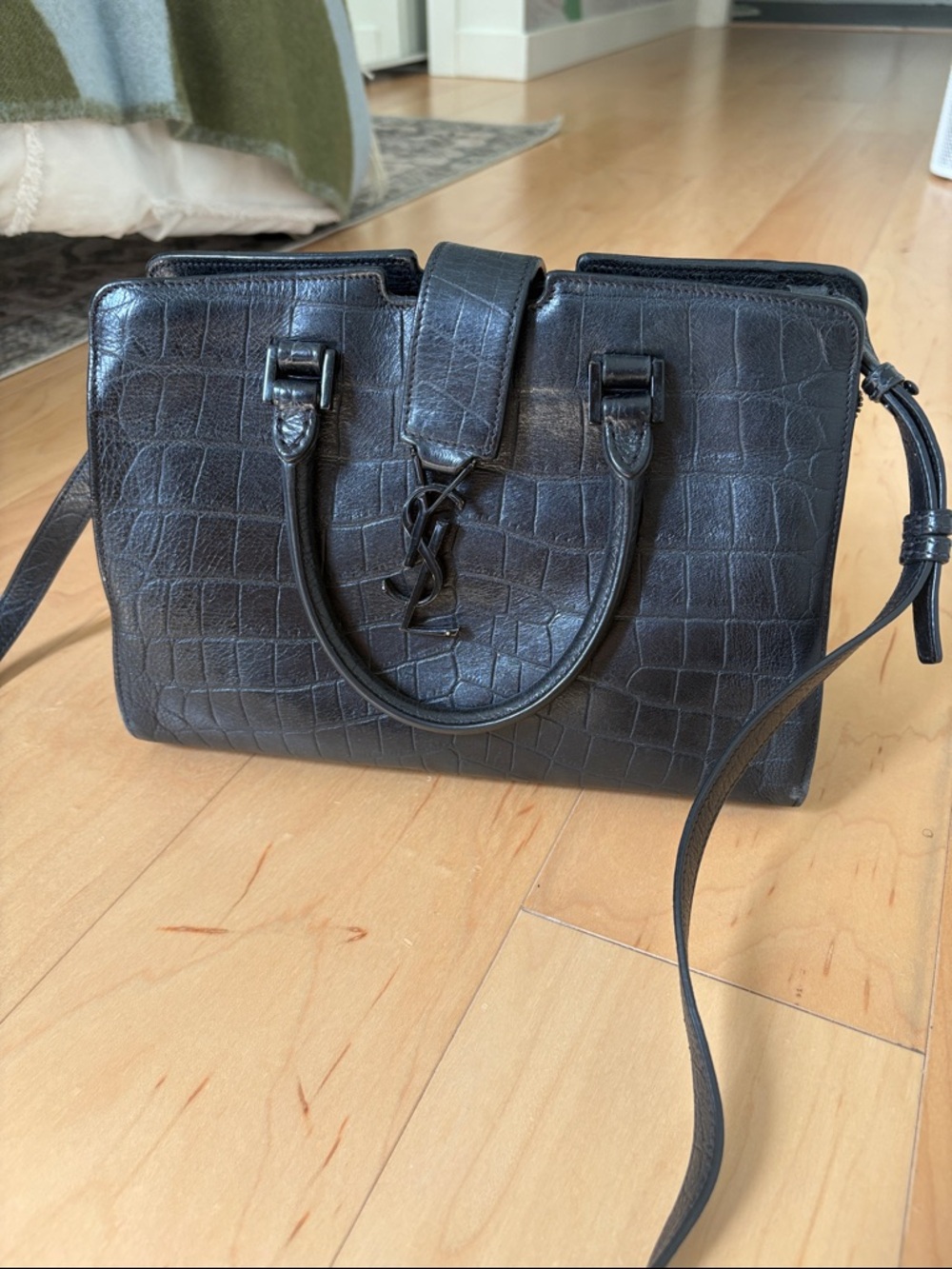 Saint Laurent Black Croc-Embossed Monogram Cabas Bag